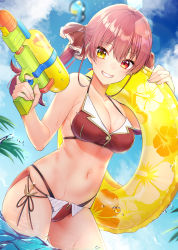 Rule 34 | 1girl, absurdres, adapted costume, armpit crease, bare arms, bare shoulders, bikini, breasts, cleavage, day, finger on trigger, gold trim, grin, hair ribbon, halterneck, hands up, heterochromia, highres, holding, hololive, houshou marine, innertube, kitazume kumie, large breasts, long hair, looking at viewer, navel, outdoors, red bikini, red eyes, ribbon, side-tie bikini bottom, smile, solo, standing, stomach, string bikini, swim ring, swimsuit, thighs, twintails, virtual youtuber, wading, water, water gun, wet, yellow eyes