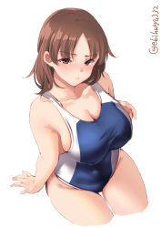 Rule 34 | 1girl, arm support, blush, breasts, brown eyes, brown hair, chiyoda (kancolle), closed mouth, collarbone, competition swimsuit, cropped legs, ebifurya, groin, highres, kantai collection, large breasts, multicolored clothes, multicolored swimsuit, one-hour drawing challenge, one-piece swimsuit, short hair, simple background, solo, swimsuit, twitter username, white background