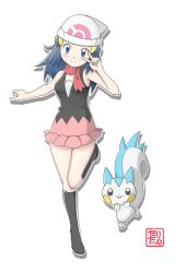 Rule 34 | 1girl, absurdres, animal ears, arms up, bare shoulders, beanie, black eyes, black shirt, black socks, blue eyes, blue hair, blush, breasts, character cutout, creatures (company), dawn (pokemon), female focus, full body, game freak, gen 4 pokemon, hair ornament, hairclip, hat, highres, kneehighs, knees together feet apart, leg lift, long hair, looking at viewer, looking up, matching hair/eyes, miniskirt, nintendo, outline, pachirisu, pink skirt, poke ball symbol, pokemon, pokemon (anime), pokemon (creature), pokemon dppt, pokemon dppt (anime), red scarf, scarf, shirt, simple background, skirt, sleeveless, sleeveless shirt, small breasts, smile, socks, standing, standing on one leg, tail, tax2rin, teeth, text focus, translation request, v, v over eye, white background, white hat