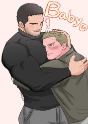Rule 34 | 2boys, bara, between pecs, between pectorals, black shirt, blush, brown hair, chris redfield, closed mouth, comforting, couple, english text, closed eyes, face to pecs, ghachi8 8, green jacket, grey background, grey pants, head between pecs, highres, jacket, large pectorals, male focus, multiple boys, muscular, muscular male, pants, pectorals, piers nivans, resident evil, resident evil 6, shirt, simple background, smile, yaoi