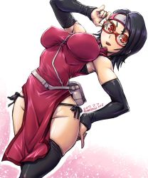 Rule 34 | 10s, 1girl, alternate breast size, amania orz, black hair, black thighhighs, blush, boruto: naruto next generations, breasts, cowboy shot, dated, detached sleeves, elbow gloves, forehead protector, glasses, gloves, holster, konohagakure symbol, large breasts, looking at viewer, naruto, naruto (series), aged up, open mouth, panties, red-framed eyewear, sharingan, short hair, side-tie panties, skindentation, smile, solo, symbol-shaped pupils, thigh holster, thighhighs, uchiha sarada, underwear