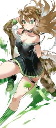 Rule 34 | 1girl, absurdres, black choker, black shirt, blush, bow, breasts, brown hair, choker, cleavage, clip studio paint (medium), closed mouth, clothes pull, collarbone, double bun, fur-trimmed jacket, fur trim, girls&#039; frontline, green bow, green eyes, hair bow, hair bun, hand in own hair, highres, jacket, jacket pull, jewelry, long hair, looking at viewer, medium breasts, moko (moko/moko), necklace, rfb (girls&#039; frontline), shirt, shoes, simple background, socks, solo, striped clothes, striped socks, vertical-striped clothes, vertical-striped socks
