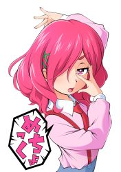 Rule 34 | 10s, 1girl, hair over one eye, highres, hugtto! precure, mattsua, necktie, nono hana, pink eyes, pink hair, precure, solo, suspenders, tagme