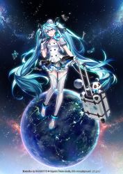 Rule 34 | 1girl, :d, ahoge, black ribbon, black skirt, blue bow, blue choker, blue eyes, blue hair, boots, bow, breasts, buttons, choker, collarbone, commentary request, constellation, cropped jacket, double-breasted, gloves, grey jacket, hair between eyes, hair ribbon, hat, hatsune miku, highres, holding, holding microphone, jacket, layered skirt, long hair, looking to the side, luggage, microphone, mini hat, miniskirt, official art, open mouth, planet, ribbon, rolling suitcase, shirt, sidelocks, skirt, small breasts, smile, solo, space, star (sky), stuffed animal, stuffed panda, stuffed toy, suitcase, teeth, thigh boots, thighhighs, twintails, upper teeth only, very long hair, vocaloid, watermark, white footwear, white gloves, white hat, white shirt, yyb, zettai ryouiki