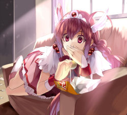 Rule 34 | 10s, 1girl, boots, cocaine, couch, covering own mouth, cure happy, drugs, empty eyes, happy turn, head wings, hoshizora miyuki, kabocha, kabocha (monkey4), knee boots, long hair, lying, magical girl, on side, pink eyes, pink hair, pink skirt, precure, pun, shorts, shorts under skirt, skirt, smile precure!, solo, translated, twintails, window, wings, wrist cuffs