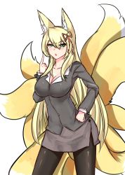 Rule 34 | 1girl, aged up, animal ears, blonde hair, bow, breasts, business suit, cowboy shot, formal, fox ears, fox tail, green eyes, hair between eyes, hair bow, hair ornament, hair ribbon, hand on own hip, highres, large breasts, long hair, looking at viewer, mon-musu quest!, monster girl, multiple tails, ribbon, sidelocks, slit pupils, solo, spoilers, suit, tail, tamamo (mon-musu quest!)