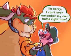 Rule 34 | 2boys, blue eyes, blue overalls, blush, bowser, brown hair, claws, collar, constricted pupils, eye contact, facial hair, fang, fingernails, flustered, gloves, green headwear, green shirt, heart, height difference, highres, horns, kairy draws, long sleeves, looking at another, looking up, luigi, mario (series), multiple boys, mustache, nervous, nervous smile, nintendo, open mouth, overalls, pointing, pointing at another, red hair, sharp fingernails, sharp teeth, shirt, size difference, smile, spiked collar, spiked shell, spikes, sweat, sweatdrop, nervous sweating, teeth, the super mario bros. movie, thick eyebrows, threat, wavy mouth, white gloves, yaoi