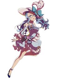 Rule 34 | 1girl, blue dress, blue eyes, blue footwear, blue hair, detached sleeves, dress, full body, hat, high heels, long hair, magicami, non-web source, official art, okada marianne, open mouth, photoshop (medium), rectangular eyewear, simple background, solo, strappy heels, twintails, white background