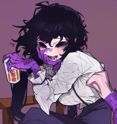 Rule 34 | 1girl, bibian (player), bikini, black eyes, black hair, breasts, cup, extra arms, highres, holding, holding cup, large breasts, looking at viewer, makeup, messy hair, monster girl, open mouth, player (webtoon), purple hands, sharp teeth, shirt, sitting, solo, suspenders, swimsuit, teeth, tongue, waa153