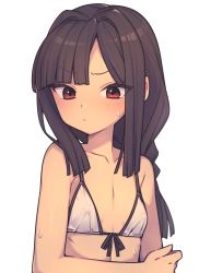 Rule 34 | 1girl, bare shoulders, bikini, black hair, blush, collarbone, covered erect nipples, everyntrge, female focus, flat chest, front-tie top, highres, long hair, looking at viewer, low-braided long hair, low-tied long hair, nipples, original, red eyes, see-through, sidelocks, simple background, solo, sweat, swimsuit, upper body