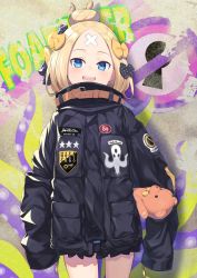 Rule 34 | 1girl, :d, abigail williams (fate), abigail williams (traveling outfit) (fate), black bow, black jacket, blonde hair, blue eyes, blush, bow, commentary request, cowboy shot, crossed bandaids, fate/grand order, fate (series), hair bow, hair bun, highres, jacket, joker (tomakin524), key, keyhole, long hair, long sleeves, looking at viewer, hugging object, official alternate costume, open mouth, orange bow, parted bangs, polka dot, polka dot bow, round teeth, single hair bun, sleeves past fingers, sleeves past wrists, smile, solo, standing, star (symbol), stuffed animal, stuffed toy, teddy bear, teeth, upper teeth only