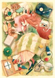 Rule 34 | 1girl, apple, bad id, bad pixiv id, badminton racket, bag, baguette, black footwear, blanket, book, bottle, bread, camera, cereal box, cheese, closed mouth, commentary request, doughnut, closed eyes, food, fork, from above, from side, fruit, grapes, green sweater, headphones, headphones removed, jar, knife, long hair, long skirt, long sleeves, lying, on side, original, paper bag, phonograph, picnic, pillow, pink socks, plate, pumpkin, racket, record, red hair, sandwich, shuttlecock, skirt, sleeping, smile, socks, solo, somemachi, spoon, sweater, teapot