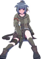 Rule 34 | 1girl, animal ears, arknights, black footwear, black gloves, black jacket, black shirt, black shorts, black socks, blue hair, blush, breasts, cat ears, cat girl, cat tail, gloves, green eyes, gun, handgun, headset, highres, holding, holding gun, holding weapon, id card, implied extra ears, jacket, jessica (arknights), kiyu es335, knee pads, layered sleeves, looking at viewer, open clothes, open jacket, shirt, short hair, shorts, simple background, single knee pad, sitting, small breasts, socks, solo, tail, thigh strap, trigger discipline, weapon, white background