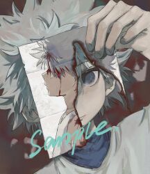 Rule 34 | 1boy, absurdres, blood, bloody tears, blue eyes, dutch angle, empty eyes, expressionless, from side, highres, holding, hunter x hunter, killua zoldyck, long sleeves, looking at viewer, male focus, owltea (owlteaowltea), photo (object), portrait, sample watermark, shirt, short hair, simple background, solo, spiked hair, torn paper, watermark, white hair, white shirt