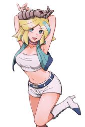 Rule 34 | 1girl, :d, bad id, bad pixiv id, blonde hair, blue eye (pokemon), blue eyes, boots, breasts, creatures (company), feet out of frame, game freak, iruzu (pixiv27236115), looking at viewer, medium breasts, medium hair, multicolored hair, nintendo, open mouth, pokemon, pokemon pinchers, pokemon ranger, pokemon ranger 3, short shorts, shorts, simple background, smile, solo, standing, standing on one leg, two-tone hair, white background, white footwear, white shorts, white theme