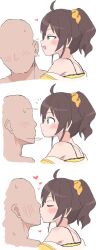 Rule 34 | 1boy, 1girl, ahoge, bald, blush, brown hair, bubukka, closed eyes, closed mouth, commentary request, dot mouth, faceless, faceless male, green eyes, hair ornament, hair scrunchie, heart, hetero, highres, hololive, kiss, multiple views, natsuiro matsuri, natsuiro matsuri (1st costume), open mouth, scrunchie, short hair, side ponytail, sideways mouth, simple background, smile, virtual youtuber, whispering, whispering in ear, white background, yellow scrunchie