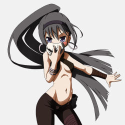 Rule 34 | 1girl, akemi homura, assassin (fate/zero), assassin (fate/zero) (cosplay), baron (baron-eros), black hair, blush, breasts, cleavage, cosplay, creator connection, criss-cross halter, earrings, fate/stay night, fate/zero, fate (series), female assassin (fate/zero), groin, hairband, halterneck, jewelry, mahou shoujo madoka magica, mahou shoujo madoka magica (anime), mask, midriff, pants, ponytail, purple eyes, simple background, small breasts, tight clothes, tight pants, underboob, urobuchi gen