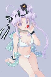 Rule 34 | 1girl, ahoge, akitsushima (kancolle), bikini, breasts, cleavage, emia wang, food, fruit, grey background, hair bun, hat, highres, holding, holding food, kantai collection, long hair, looking at viewer, mini hat, navel, official alternate costume, purple eyes, purple hair, side bun, simple background, single side bun, sitting, small breasts, solo, strawberry, swimsuit, white bikini, wrist cuffs
