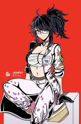 Rule 34 | 1girl, bandages, black gloves, black hair, blue eyes, chest sarashi, choker, coat, commentary, glasses, gloves, highres, kson, long hair, looking at viewer, midriff, navel, open clothes, open coat, pants, ponytail, red background, sarashi, sidelocks, simple background, sitting, smile, solo, stomach, strapless, tube top, virtual youtuber, vshojo, white pants, zeinvultrum