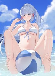 Rule 34 | 1girl, absurdres, alternate costume, ayaka (genshin impact), ball, barefoot, beachball, bikini, blue eyes, blue sky, blunt bangs, blurry, blush, breasts, cloud, commentary request, day, depth of field, genshin impact, grey hair, hair ornament, halterneck, hand up, highres, legs, long hair, looking at viewer, medium breasts, mole, mole under eye, ocean, outdoors, parted lips, partially submerged, pharmarr, ponytail, sitting, sky, solo, stomach, swimsuit, tassel, tassel hair ornament, toes, white bikini