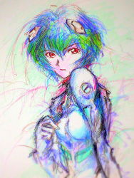 Rule 34 | 1girl, amaoto, ayanami rei, blue hair, hair ornament, hairclip, highres, neon genesis evangelion, open mouth, painting (medium), plugsuit, red eyes, short hair, solo, staring, traditional media, watercolor (medium)