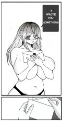 Rule 34 | 1girl, bewlvr, black panties, breasts, commentary request, english text, female focus, hand bra, highres, holding, holding letter, huge breasts, letter, long hair, looking at viewer, love letter, miriam (bewlvr), navel, original, panties, solo, topless, underwear, white background
