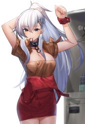 Rule 34 | 1girl, absurdres, azur lane, belfast (azur lane), belfast (piping-hot perfection) (azur lane), blush, braid, breasts, chain, cleavage, collar, collarbone, french braid, highres, holding, holding own hair, large breasts, long hair, looking at viewer, lordol, overalls, purple eyes, silver hair, smile, solo, tying hair, wrist cuffs