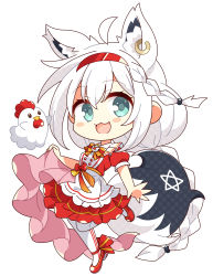 Rule 34 | 1girl, 7:08, absurdres, ahoge, animal ear fluff, animal ears, bird, blush, braid, chibi, chicken, commentary request, dress, earrings, extra ears, fox ears, fox girl, fox tail, green eyes, hair between eyes, hairband, highres, holding, hololive, jewelry, kara-age kun, lawson, leg up, long hair, looking at viewer, open mouth, pentagram, red dress, red hairband, shirakami fubuki, short sleeves, sidelocks, simple background, single braid, smile, tail, virtual youtuber, white background, white hair