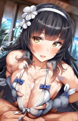 Rule 34 | 1boy, 1girl, bare shoulders, belko, bikini, black hair, blurry, blurry background, blush, breasts, breasts squeezed together, censored, cleavage, collarbone, cum, cum on body, cum on breasts, cum on upper body, ejaculation, fingerless gloves, flower, girls&#039; frontline, gloves, hair flower, hair ornament, hairband, heavy breathing, hetero, highres, indoors, large breasts, long hair, looking at viewer, official alternate costume, open mouth, paizuri, penis, pov, sidelocks, smile, solo focus, sweat, swimsuit, type 95 (girls&#039; frontline), very long hair, white bikini, white gloves, white hairband, yellow eyes