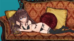 Rule 34 | 1girl, bare legs, bare shoulders, black bra, black panties, black thighhighs, blue background, blue eyes, blush, bra, breasts, brown hair, closed mouth, collarbone, commentary request, couch, cushion, elisia valfelto, hair between eyes, hair intakes, hands up, lace, lace-trimmed legwear, lace trim, long hair, looking at viewer, lowleg, lowleg panties, luicent, lying, navel, no shoes, on couch, on side, original, panties, pillow, side-tie panties, sidelocks, simple background, small breasts, solo, strap slip, string panties, thighhighs, underwear, underwear only, very long hair