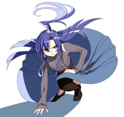 1girl black_footwear blue_eyes blue_hair blue_skirt boots floating_hair full_body grey_sweater hair_between_eyes hands_on_lap high_ponytail kazanari_tsubasa lanlanlap long_hair long_skirt long_sleeves on_one_knee parted_lips pleated_skirt ribbed_sweater senki_zesshou_symphogear skirt sleeves_past_wrists solo sweater thigh_boots underbust very_long_hair