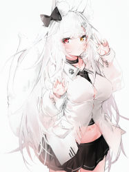 Rule 34 | 1girl, absurdres, animal ear fluff, animal ears, black bow, black choker, black skirt, blush, bow, breasts, choker, collared shirt, commentary request, cowboy shot, heterochromia, highres, large breasts, long hair, long sleeves, looking at viewer, midriff, navel, original, pleated skirt, red eyes, shirt, silver (chenwen), simple background, skirt, solo, standing, tail, tail raised, v, very long hair, white background, white hair, white shirt, white theme, yellow eyes