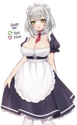 Rule 34 | 1girl, absurdres, apron, black dress, braid, breasts, cleavage, commentary request, detached collar, dress, feet out of frame, genshin impact, green eyes, grey hair, grin, highres, large breasts, looking at viewer, maid, maid headdress, meme, necktie, nemuaki, noelle (genshin impact), pantyhose, puffy short sleeves, puffy sleeves, red necktie, short hair, short sleeves, simple background, smile, solo, standing, twitter strip game (meme), waist apron, white apron, white background, white pantyhose
