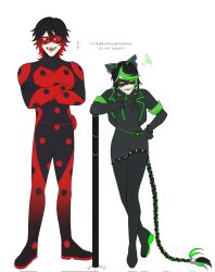 Rule 34 | 1boy, 1girl, adrien agreste, angry, animal ears, black bodysuit, black hair, bodysuit, braid, cat ears, cat girl, full body, highres, lady noir, long hair, looking at another, marinette dupain-cheng, miraculous ladybug, misterbug (character), open mouth, red bodysuit, red eyes, simple background, single braid, smile, superhero costume, sv5fasc8fc0moux, white background, yellow eyes