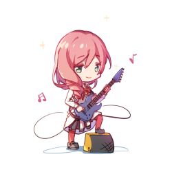 Rule 34 | 1girl, amplifier, bang dream!, beamed sixteenth notes, cable, chibi, closed mouth, clothes around waist, collared shirt, drill hair, eighth note, electric guitar, full body, green eyes, grey footwear, grey skirt, grey vest, guitar, hair between eyes, hair over shoulder, highres, holding, holding instrument, holding plectrum, instrument, jacket, jacket around waist, kudou haruka (voice actor), leg up, long hair, long sleeves, looking at viewer, miniskirt, music, musical note, neck ribbon, pink hair, playing instrument, pleated skirt, plectrum, red ribbon, red thighhighs, ribbon, school uniform, shadow, shirt, shoes, shoujo kageki revue starlight, shoujo kageki revue starlight -re live-, simple background, skirt, smile, solo, sparkle, standing, thighhighs, tsuruhime yachiyo, vest, voice actor connection, walluka, white background, white jacket, white shirt