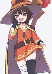 Rule 34 | 1girl, :3, :d, absurdres, asymmetrical legwear, bandaged leg, bandages, belt, belt buckle, black cape, black choker, black gloves, black hat, black thighhighs, blush, blush stickers, breasts, brown belt, brown cape, brown hair, buckle, cape, choker, clothes lift, collarbone, commentary, covering own mouth, cowboy shot, dress, dress lift, dutch angle, et fmq, eyebrows, eyelashes, fang, female focus, fingerless gloves, gloves, hair between eyes, hand over own mouth, hand to own mouth, hand up, hat, highres, kono subarashii sekai ni shukufuku wo!, laughing, lifted by self, long sleeves, looking at viewer, megumin, mesugaki, mismatched legwear, multicolored clothes, multicolored hat, narrowed eyes, naughty face, open mouth, petite, raised eyebrows, red dress, red eyes, red hat, short hair, short hair with long locks, sidelocks, simple background, single thighhigh, small breasts, smile, smug, solo, staff, standing, teasing, thighhighs, two-tone cape, two-tone dress, walking, white background, witch hat, yellow cape, yellow dress, yellow hat