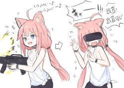 Rule 34 | 1girl, ahoge, animal ear fluff, animal ears, arms up, bike shorts, blue eyes, cat ears, choker, comic, commentary request, fang, firing, flying sweatdrops, gun, head-mounted display, henry bird 9, hinata channel, htc vive, long hair, low twintails, nekomiya hinata, open mouth, pink hair, rifle, scared, shorts, smile, solo, tears, translated, twintails, upper body, vest, virtual youtuber, weapon, white vest, wristband