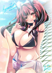 Rule 34 | 1girl, :q, arm behind back, azur lane, bare legs, bare shoulders, bikini, black bikini, black hair, blue sky, blush, breasts, bremerton (azur lane), bremerton (scorching-hot training) (azur lane), chain-link fence, character name, clothes lift, cloud, collarbone, collared shirt, commentary request, copyright request, cowboy shot, crop top, crossed bangs, dated, day, fence, green skirt, groin, hair between eyes, hair intakes, hair ornament, hairclip, highleg, highleg bikini, highres, hikanyan, holding, holding racket, knee up, large breasts, lens flare, lifted by self, long hair, looking at viewer, midriff, multicolored hair, navel, outdoors, panties, pantyshot, parted lips, pink eyes, pink hair, racket, shirt, shirt lift, sidelocks, signature, sitting, skirt, sky, sleeveless, sleeveless shirt, smile, solo, sportswear, streaked hair, sunlight, sweat, swimsuit, teeth, tennis uniform, tongue, tongue out, twintails, two-tone hair, two-tone shirt, two-tone skirt, underwear, upper teeth only, white shirt, white skirt, x hair ornament