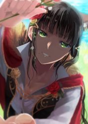Rule 34 | 10s, 1girl, absurdres, animal ears, black hair, blunt bangs, blurry, boutonniere, breasts, brooch, cape, cleavage, commentary, depth of field, flower, gold trim, green eyes, grin, hair flower, hair ornament, head tilt, highres, holding, holding flower, jewelry, kawaoka sachio, kurosawa dia, long hair, looking at viewer, love live!, love live! school idol festival, love live! sunshine!!, mole, mole under mouth, popped collar, red cape, smile, solo, upper body, wolf ears