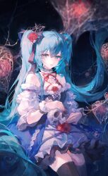 Rule 34 | 1girl, absurdres, apple, bare shoulders, blue eyes, blush, bow, bowtie, colorful, dress, flower, food, fruit, hair between eyes, hair flower, hair ornament, hatsune miku, highres, holding, holding skull, jewelry, long hair, looking at viewer, maccha (mochancc), nail polish, neck, necktie, red nails, sidelocks, sitting, skull, solo, twintails, vocaloid