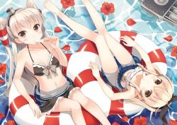 Rule 34 | 10s, 2girls, amatsukaze (kancolle), bare shoulders, barefoot, bikini, bikini skirt, black bikini, blonde hair, blush, bow, breasts, brown eyes, collarbone, flower, food, food in mouth, frilled bikini, frills, hair bow, hair ribbon, hat, hibiscus, hyuuga azuri, image sample, innertube, kantai collection, long hair, looking at viewer, mini hat, mini top hat, mouth hold, multiple girls, navel, partially submerged, petals, popsicle, reclining, ribbon, shimakaze (kancolle), shiny skin, small breasts, swim ring, swimsuit, thigh gap, top hat, twintails, two side up, water