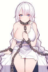 Rule 34 | 1girl, avrora (azur lane), avrora (shackled saule) (azur lane), azur lane, bare shoulders, blue eyes, blush, breasts, chain, closed mouth, collarbone, commentary, cuffs, dress, dungeon, highres, holding, holding chain, large breasts, long hair, looking at viewer, navel, shackles, silver hair, simple background, sitting, siu (siu0207), smile, solo, thighs, torn clothes, torn dress, very long hair, white background, white dress