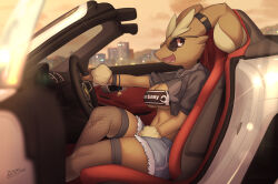 Rule 34 | 1girl, :3, absurdres, animal nose, arm up, artist name, aviator sunglasses, bandeau, between legs, black bandeau, black sclera, black sweater, black thighhighs, blue shorts, blurry, blurry background, blurry foreground, body fur, bracelet, breastless clothes, breasts, brown fur, car, city, clothes writing, cloud, colored sclera, creatures (company), cropped sweater, dated, door, drawstring, english text, female focus, fishnet thighhighs, fishnets, from side, furry, furry female, game freak, gen 4 pokemon, glint, hand between legs, happy, heart, highres, hood, hood down, hooded sweater, jewelry, large breasts, looking back, lopunny, motor vehicle, navel, nintendo, ok sign, open mouth, outdoors, outstretched arm, pokemon, pokemon (creature), porsche, porsche 718, rabbit ears, rabbit girl, red eyes, seat, short shorts, short sleeves, shorts, sideways mouth, signature, sitting, skindentation, smile, snout, solo, sports car, steering wheel, stomach, sunglasses, sunset, sweater, thighhighs, thighs, two-tone fur, yellow fur, zinfyu