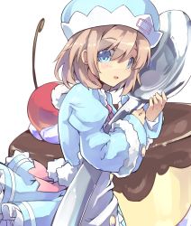 Rule 34 | 10s, 1girl, absurdres, blue eyes, blush, brown hair, cherry, choujigen game neptune mk2, food, fruit, hat, highres, looking at viewer, neptune (series), normaland, pudding, rom (neptunia), short hair, smile, solo, spoon