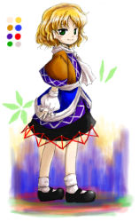 Rule 34 | 1girl, blonde hair, detached sleeves, female focus, full body, gradient background, green eyes, huyusilver, mizuhashi parsee, official style, pointy ears, puffy detached sleeves, puffy sleeves, short hair, skirt, smile, smug, solo, touhou, white background, zun (style)