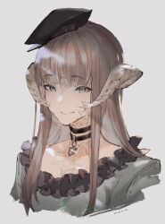 Rule 34 | 1girl, artist name, au ra, belt, belt buckle, black belt, black choker, black hat, blue eyes, brown hair, buckle, choker, closed mouth, collarbone, commentary request, cropped torso, dress, eyelashes, final fantasy, final fantasy xiv, frilled dress, frills, green dress, grey background, hat, hat belt, highres, horns, long hair, looking at viewer, mono (monoia14), scales, sidelocks, sideways hat, simple background, smile, solo, straight hair, warrior of light (ff14), white horns
