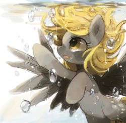 Rule 34 | blonde hair, bubble, derpy hooves, ditzy doo (mlp), grey theme, my little pony, my little pony: friendship is magic, no humans, open mouth, pegasus, pony (animal), solo, submerged, suikuyo, underwater, water, wings, yellow eyes