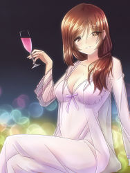 Rule 34 | 1girl, bow, breasts, brown eyes, brown hair, champagne flute, cleavage, cup, dress bow, drink, drinking glass, girls und panzer, highres, holding, holding drink, jacket, large breasts, long hair, looking at viewer, mature female, oekaki lemon, see-through, see-through jacket, shimada chiyo, solo