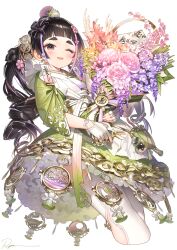 Rule 34 | 1girl, ;d, black hair, blush, bouquet, commentary request, cropped legs, dress, fingerless gloves, flower, gloves, green dress, grey eyes, highres, holding, holding bouquet, long hair, long sleeves, looking at viewer, multicolored hair, one eye closed, open mouth, original, pink flower, pink hair, purple flower, ryota (ry o ta), short eyebrows, simple background, smile, solo, streaked hair, thick eyebrows, thighhighs, very long hair, white background, white gloves, white thighhighs