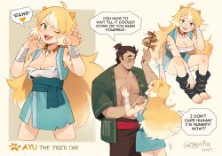 Rule 34 | 1boy, 1girl, ;d, absurdres, arm up, bandaged arm, bandages, bare shoulders, black hair, blonde hair, blue eyes, blue skirt, breasts, brown background, chest hair, claw pose, cleavage, collarbone, commentary, english text, facial hair, fangs, food, hands up, highres, holding, holding food, horns, knees up, long hair, medium breasts, multicolored hair, one eye closed, open clothes, open mouth, original, scar, scar on face, short eyebrows, short sleeves, sitting, skirt, smile, sparkle, speech bubble, stubble, sui (suizilla), thick eyebrows, twitter username, two-tone hair, v-shaped eyebrows, very long hair, white hair
